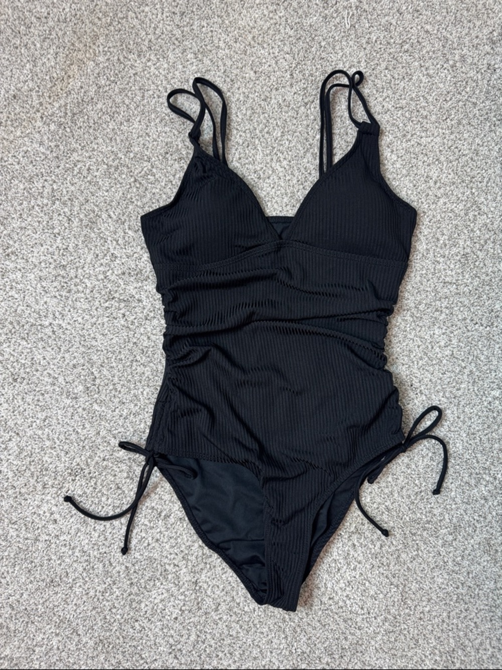 Aleumdr Black Ribbed One Piece Swimsuit Ruched V-Neck Medium Adjustable Quickdry